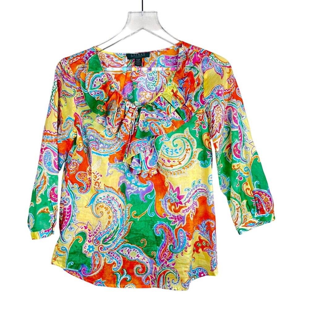 Ralph Lauren Paisley Top Blouse Petite Small Ruffle Yellow Tropical Coastal